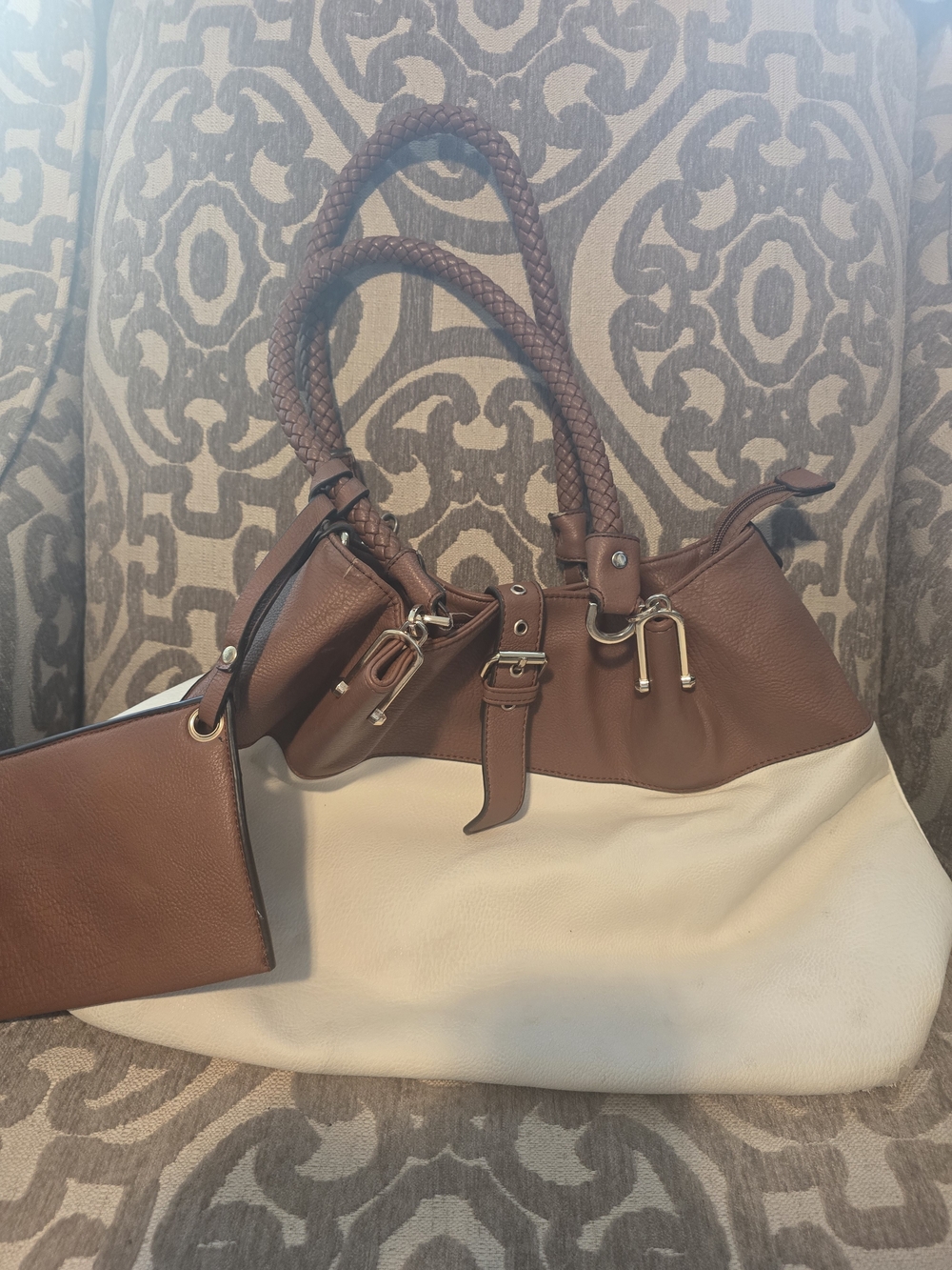 Black Rivet Brown and Cream Two-Tone Tote with Braided Handles
